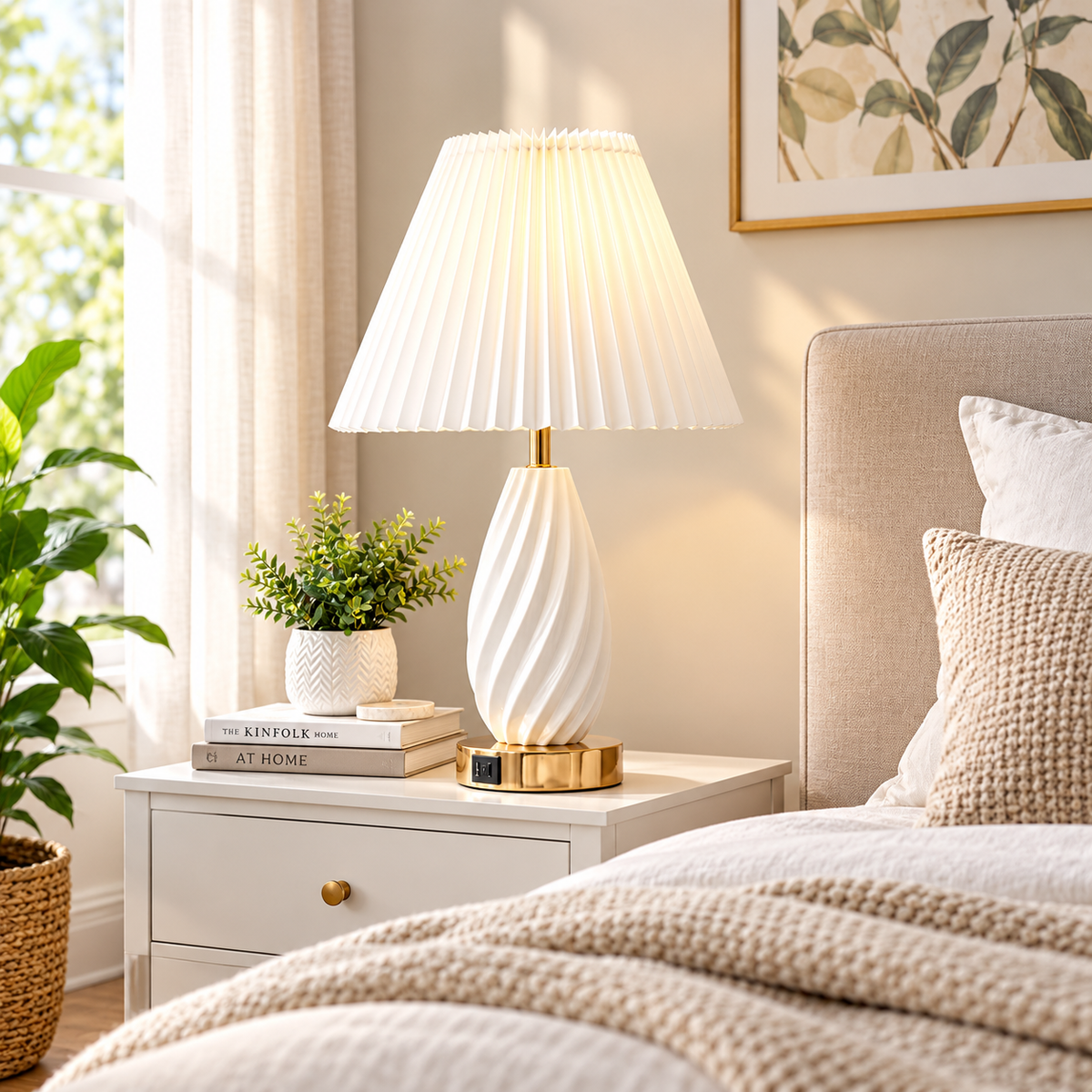 Mid-Century Modern Resin Table Lamp with USB Charging Port