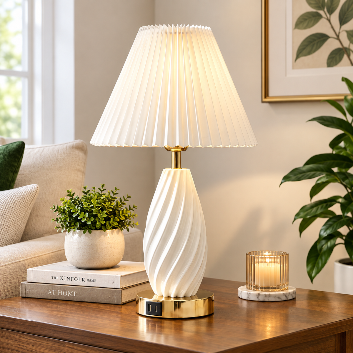 Mid-Century Modern Resin Table Lamp with USB Charging Port