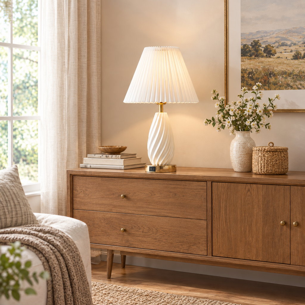 Mid-Century Modern Resin Table Lamp with USB Charging Port