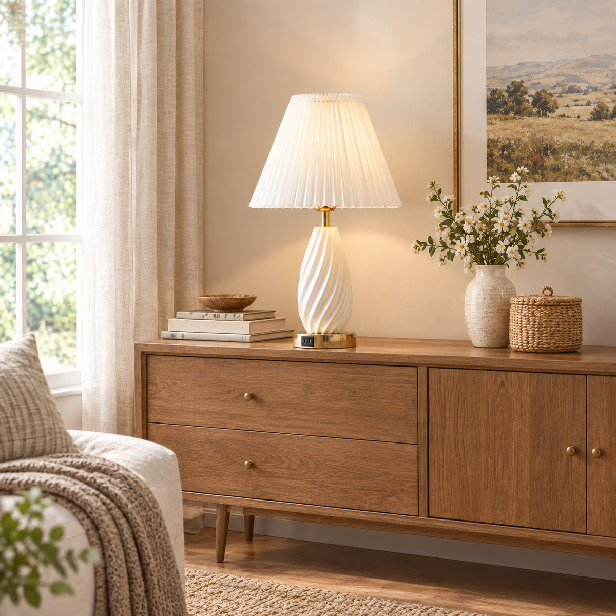 Mid-Century Modern Resin Table Lamp with USB Charging Port
